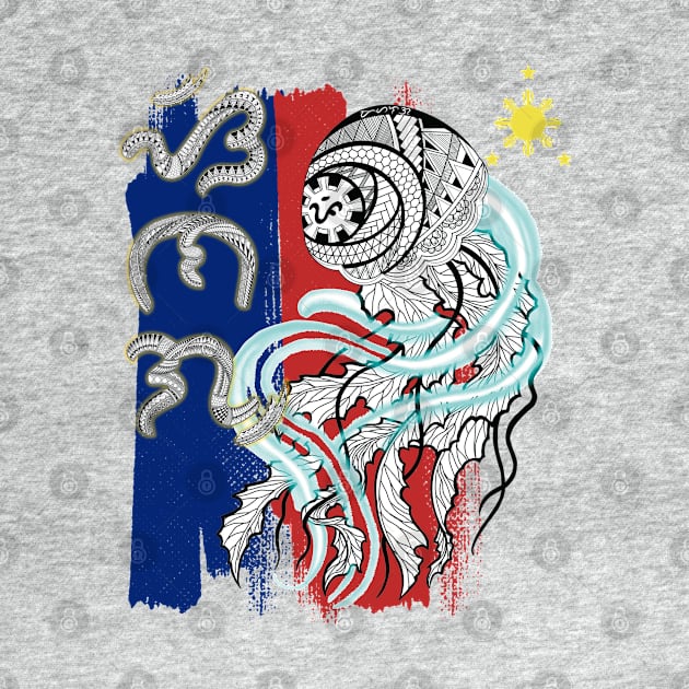 Philippine Flag-Tribal line Art Jellyfish / Baybayin word Sinag (Flash of light) by Pirma Pinas